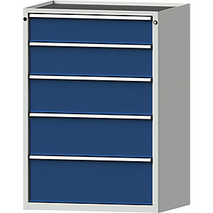 Schubladenschrank, BxT 910 x 675 mm, Schubladentraglast 200 kg, 5 Schubladen, Höhe 1280 mm, Front enzianblau.