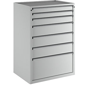 Schubladenschrank, BxT 910 x 675 mm, Schubladentraglast 100 kg, 7 Schubladen, Höhe 1280 mm, Front lichtgrau.