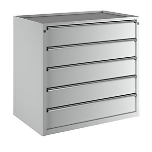 Schubladenschrank, BxT 1060 x 675 mm, Schubladentraglast 200 kg, 5 Schubladen, Höhe 980 mm, Front lichtgrau.