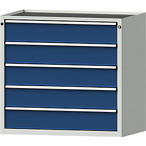 Schubladenschrank, BxT 1060 x 675 mm, Schubladentraglast 200 kg, 5 Schubladen, Höhe 980 mm, Front enzianblau.
