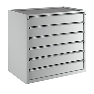 Schubladenschrank, BxT 1060 x 675 mm, Schubladentraglast 200 kg, 6 Schubladen, Höhe 980 mm, Front lichtgrau.