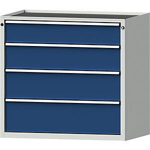 Schubladenschrank, BxT 1060 x 675 mm, Schubladentraglast 200 kg, 4 Schubladen, Höhe 980 mm, Front enzianblau.