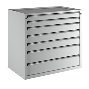 Schubladenschrank, BxT 1060 x 675 mm, Schubladentraglast 200 kg, 7 Schubladen, Höhe 980 mm, Front lichtgrau.