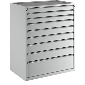 Schubladenschrank, BxT 1060 x 675 mm, Schubladentraglast 100 kg, 9 Schubladen, Höhe 1280 mm, Front lichtgrau.