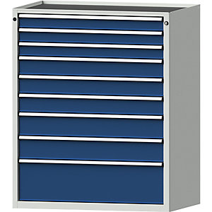 Schubladenschrank, BxT 1060 x 675 mm, Schubladentraglast 100 kg, 9 Schubladen, Höhe 1280 mm, Front enzianblau.