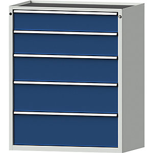 Schubladenschrank, BxT 1060 x 675 mm, Schubladentraglast 100 kg, 5 Schubladen, Höhe 1280 mm, Front enzianblau.