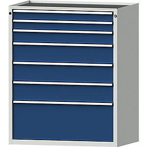 Schubladenschrank, BxT 1060 x 675 mm, Schubladentraglast 200 kg, 7 Schubladen, Höhe 1280 mm, Front enzianblau.