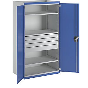 Schwerlastschrank mit 3 Fachböden, 4 Schubladen à 3 x 90, 1 x 120 mm, HxBxT 1950 x 1084 x 690 mm.