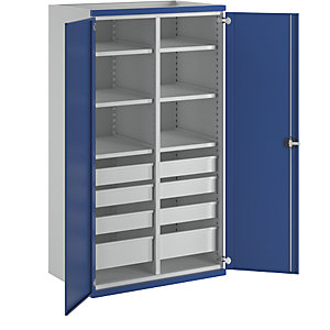Schwerlastschrank mit Trennwand, 8 Schubladen à 6 x 120, 2 x 180 mm, HxBxT 1950 x 1084 x 690 mm.