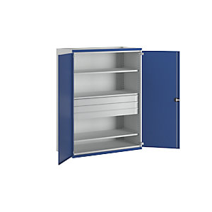 Schwerlastschrank JUMBO mit 3 Fachböden, 3 Schubladen à 120 mm, HxBxT 1950 x 1484 x 690 mm.