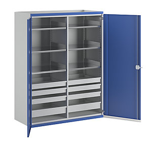 Schwerlastschrank JUMBO mit Trennwand, 8 Schubladen à 6 x 90, 2 x 120 mm, HxBxT 1950 x 1484 x 690 mm.