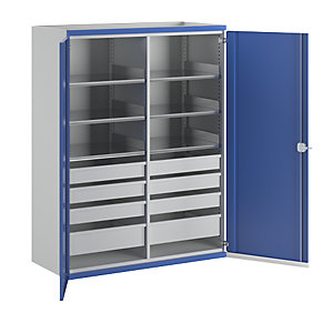Schwerlastschrank JUMBO mit Trennwand, 8 Schubladen à 6 x 120, 2 x 180 mm, HxBxT 1950 x 1484 x 690 mm.