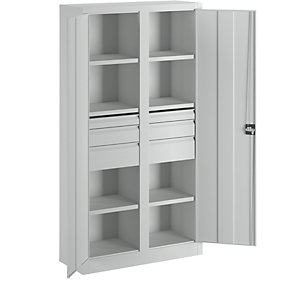 Schwerlastschrank, Höhe 1950 mm, 6 Fachböden, 6 Schubladen, grau.