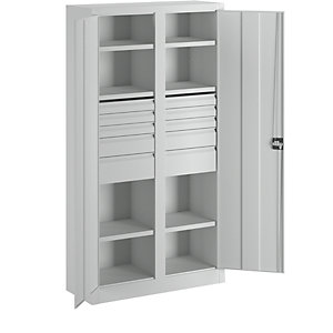 Schwerlastschrank, Höhe 1950 mm, 6 Fachböden, 10 Schubladen, grau.
