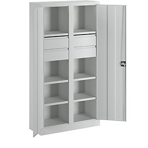 Schwerlastschrank, Höhe 1950 mm, 6 Fachböden, 4 Schubladen, grau.