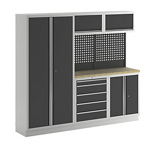 Schranksystem, 1 Schrank, 2 Unterbauschränke, 2 Hängeschränke, anthrazitgrau.