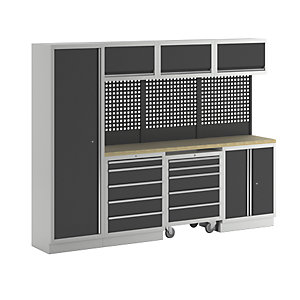 Schranksystem, 1 Schrank, 3 Unterbauschränke, 3 Hängeschränke, anthrazitgrau.