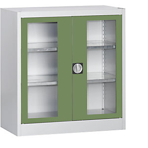 Sichtfenster-Flügeltürschrank, mit 2 Fachböden, HxBxT 1016 x 950 x 500 mm, lichtgrau/resedagrün.