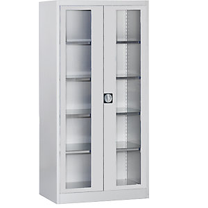 Sichtfenster-Flügeltürschrank, mit 4 Fachböden, HxB 1950 x 950 mm, Tiefe 420 mm, lichtgrau.