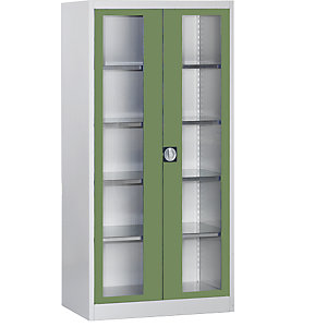 Sichtfenster-Flügeltürschrank, mit 4 Fachböden, HxB 1950 x 950 mm, Tiefe 420 mm, lichtgrau/resedagrün.