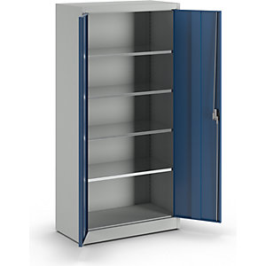 Schwerlast-Flügeltürschrank, HxB 1950 x 950 mm, Tiefe 500 mm, lichtgrau/enzianblau.