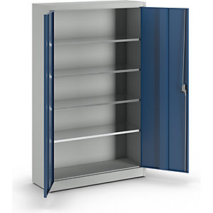 Schwerlast-Flügeltürschrank, HxB 1950 x 1200 mm, Tiefe 420 mm, lichtgrau/enzianblau.
