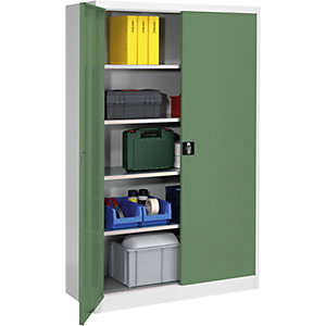 Schwerlast-Flügeltürschrank, HxB 1950 x 1200 mm, Tiefe 500 mm, lichtgrau/resedagrün.