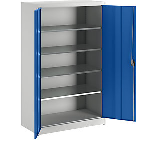 Schwerlast-Flügeltürschrank, HxB 1950 x 1200 mm, Tiefe 600 mm, lichtgrau/enzianblau.