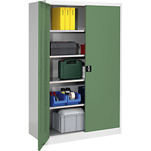 Schwerlast-Flügeltürschrank, HxB 1950 x 1200 mm, Tiefe 600 mm, lichtgrau/resedagrün.