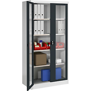 Sichtfenster-Flügeltürschrank, mit 4 Fachböden, HxB 1950 x 950 mm, Tiefe 500 mm, lichtgrau/anthrazitgrau.