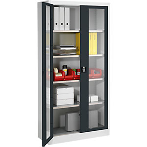 Sichtfenster-Flügeltürschrank, mit 4 Fachböden, HxB 1950 x 950 mm, Tiefe 420 mm, lichtgrau/anthrazitgrau.