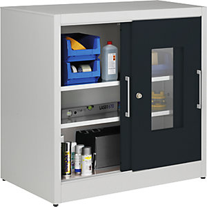 Sichtfenster-Schiebetürschrank, mit 2 Fachböden, HxB 1000 x 1000 mm, Tiefe 600 mm, Türfarbe Anthrazitgrau.