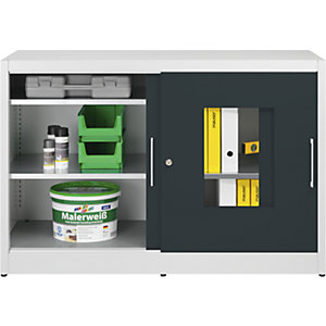 Sichtfenster-Schiebetürschrank, mit 2 x 2 Fachböden, HxB 1000 x 1500 mm, Tiefe 500 mm, Türfarbe Anthrazitgrau.