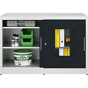 Sichtfenster-Schiebetürschrank, mit 2 x 2 Fachböden, HxB 1000 x 1500 mm, Tiefe 600 mm, Türfarbe Anthrazitgrau.