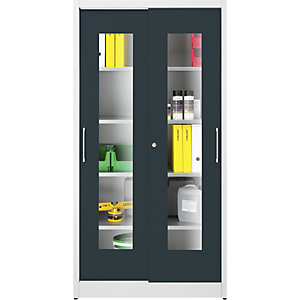Sichtfenster-Schiebetürschrank, mit 4 Fachböden, HxB 1950 x 1000 mm, Tiefe 500 mm, Türfarbe Anthrazitgrau.