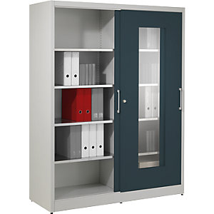 Sichtfenster-Schiebetürschrank, mit 2 x 4 Fachböden, HxB 1950 x 1500 mm, Tiefe 500 mm, Türfarbe Anthrazitgrau.