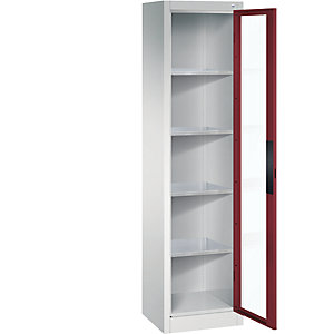 Sichtfenster-Flügeltürschrank, HxBxT 1950 x 502 x 400 mm, 4 Fachböden, lichtgrau / rubinrot.