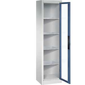 Sichtfenster-Flügeltürschrank, HxBxT 1950 x 502 x 400 mm, 4 Fachböden, lichtgrau / fernblau.