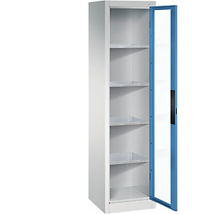 Sichtfenster-Flügeltürschrank, HxBxT 1950 x 502 x 500 mm, 4 Fachböden, lichtgrau / lichtblau.