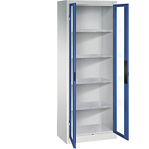 Sichtfenster-Flügeltürschrank, HxBxT 1950 x 700 x 400 mm, 4 Fachböden, lichtgrau / enzianblau.