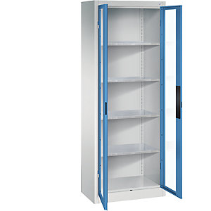 Sichtfenster-Flügeltürschrank, HxBxT 1950 x 700 x 400 mm, 4 Fachböden, lichtgrau / lichtblau.