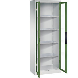Sichtfenster-Flügeltürschrank, HxBxT 1950 x 700 x 400 mm, 4 Fachböden, lichtgrau / resedagrün.