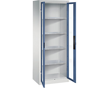 Sichtfenster-Flügeltürschrank, HxBxT 1950 x 700 x 500 mm, 4 Fachböden, lichtgrau / fernblau.