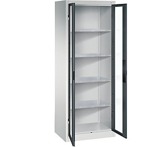 Sichtfenster-Flügeltürschrank, HxBxT 1950 x 700 x 500 mm, 4 Fachböden, lichtgrau / anthrazitgrau.