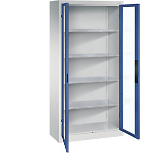 Sichtfenster-Flügeltürschrank, HxBxT 1950 x 930 x 400 mm, 4 Fachböden, lichtgrau / enzianblau.