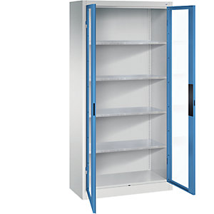 Sichtfenster-Flügeltürschrank, HxBxT 1950 x 930 x 400 mm, 4 Fachböden, lichtgrau / lichtblau.
