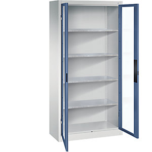 Sichtfenster-Flügeltürschrank, HxBxT 1950 x 930 x 400 mm, 4 Fachböden, lichtgrau / fernblau.