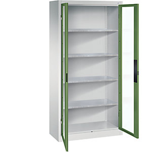 Sichtfenster-Flügeltürschrank, HxBxT 1950 x 930 x 400 mm, 4 Fachböden, lichtgrau / resedagrün.