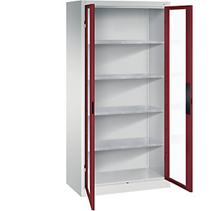 Sichtfenster-Flügeltürschrank, HxBxT 1950 x 930 x 500 mm, 4 Fachböden, lichtgrau / rubinrot.
