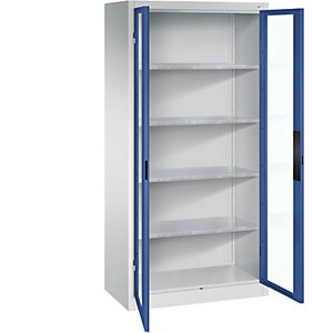 Sichtfenster-Flügeltürschrank, HxBxT 1950 x 930 x 500 mm, 4 Fachböden, lichtgrau / enzianblau.